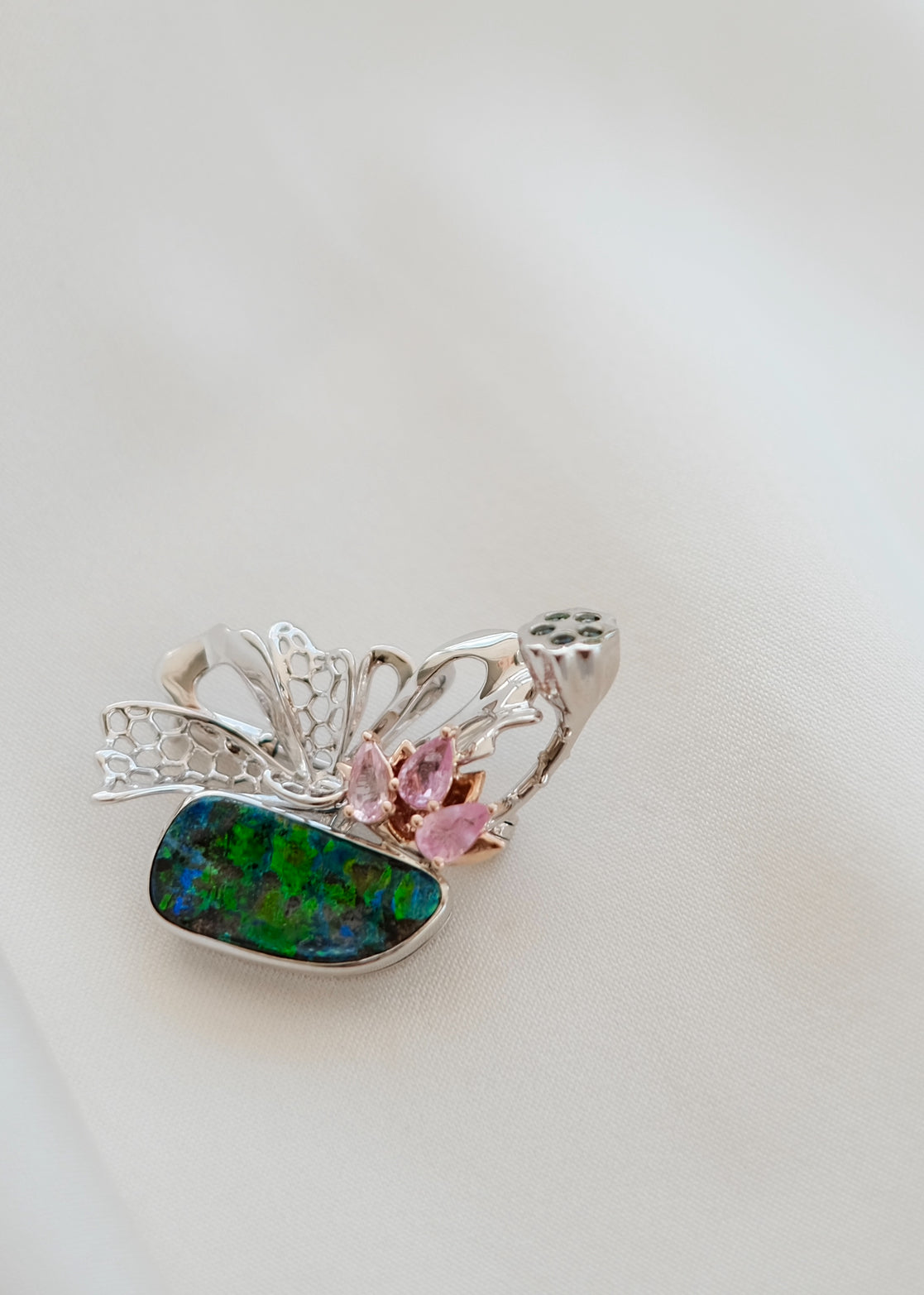 Poetic Oasis, Australian Opal Brooch with Gemstone Water Lily