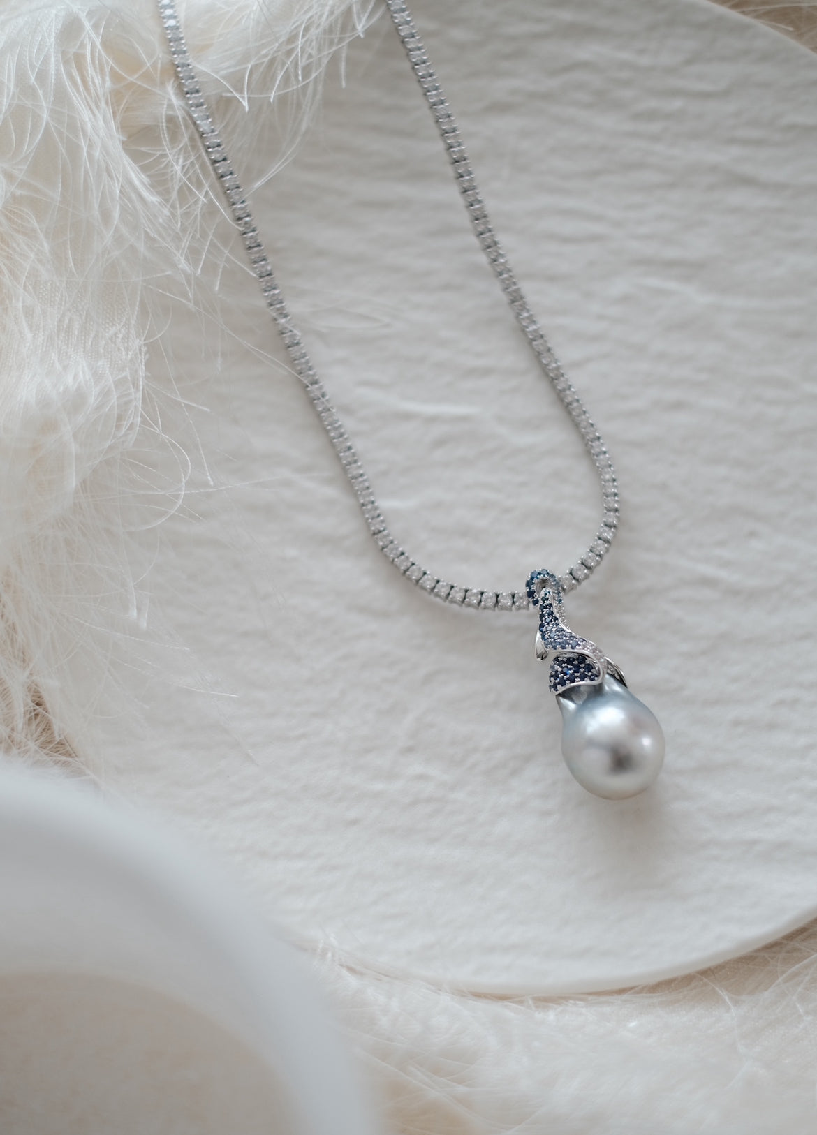 Blooming Splendor: 18k White Gold South Sea Baroque Pearl and Sapphire Pendant